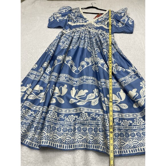 Anthropologie Farm Rio Maxi Dress Blue V Neck Puff Sleeve Preppy Boho Large NWT - Picture 4 of 12